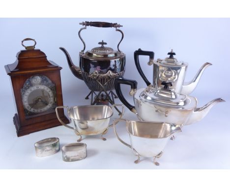 Victorian silver-plated gypsy kettle and stand, Spear & Jackson four piece silver-plated tea set, pair of silver napkin rings