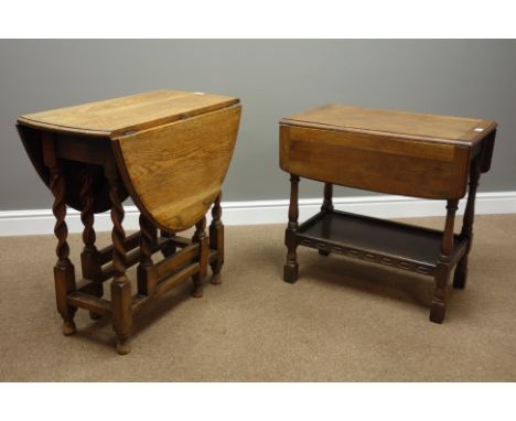 Small oak barley twist drop leaf table on gate leg base (77cm x 37cm, H73cm (closed)), and a drop leaf table   Condition Repo
