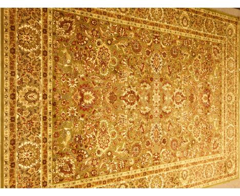 Large Persian Tabriz green ground rug carpet, overall floral design with animal and bird motifs, 360cm x 274cm   Condition Re