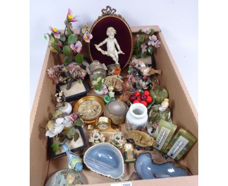 Victorian Pratt ware jar depicting a continental fish market, 'Harbour of Hong Kong' pot lid, polished stone dishes, various 