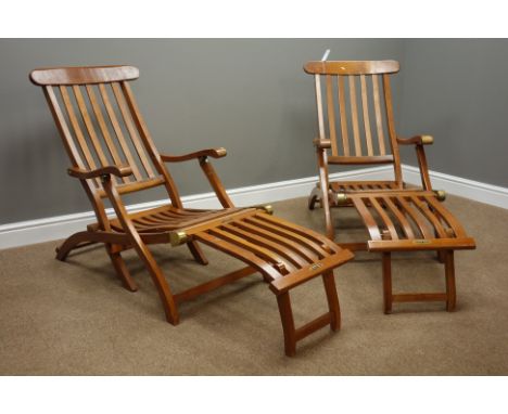 Pair teak folding steamer garden chairs, labelled 'Queen Mary' & 'First Class Only'   Condition Report   Click here for furth