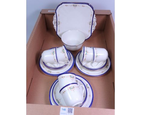 Shelley tea service for six, decorated with floral sprays, blue and gilt rim, no. 11422, plus two extra saucers    Condition 