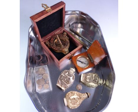Maritime style brass compass, boxed, early 20th Century cased compass, three Chinese scent bottles, metric weights and miscel