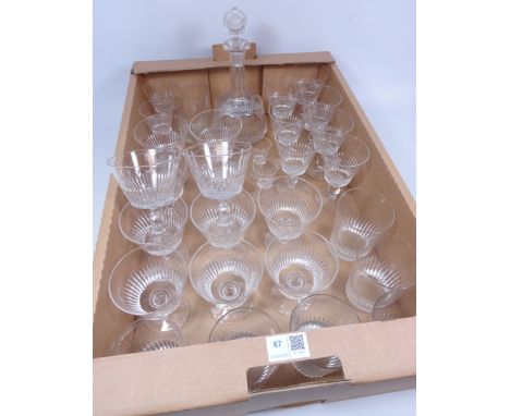 Suite of Stuart crystal glasses, including wine goblets, seven wine glasses, six tall tumblers, other glasses and similar dec