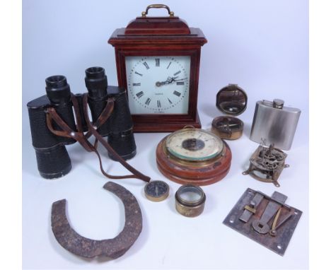 'Brinton' marching compass, barometer, pair of USSR 7x50 binoculars, hip flask, mantle clock etc in one box 