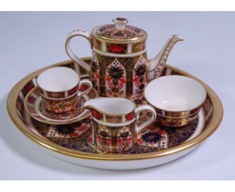 Royal Crown Derby Imari pattern no. 1128 miniature dolls tea for one service on tray, L20cm of tray    Condition Report   Cli