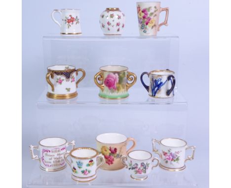 Collection of miniature cups; Royal Worcester, hand painted with flowers, signed M. Hunt, c1924, Royal Worcester blush ivory,