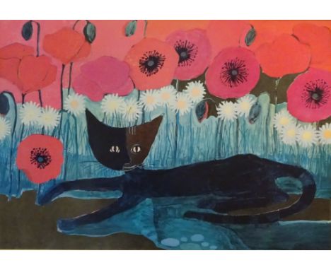 Cat Amongst Daisies and Poppies, 20th century colour print after Rosina Wachtmeister 49cm x 70.5cm   Condition Report   Click