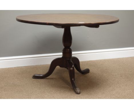 George lll oak tilt top tripod table, turned column with three splayed legsm D91cm, H61cm   Condition Report   Click here for
