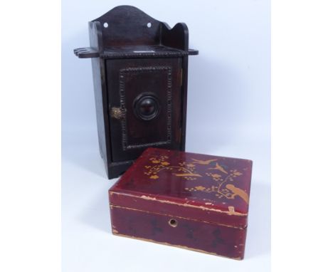 Dark oak pipe rack and tobacco cabinet, c1900 and a 19th/ early 20th Century Japanese lacquered box (2)   Condition Report   
