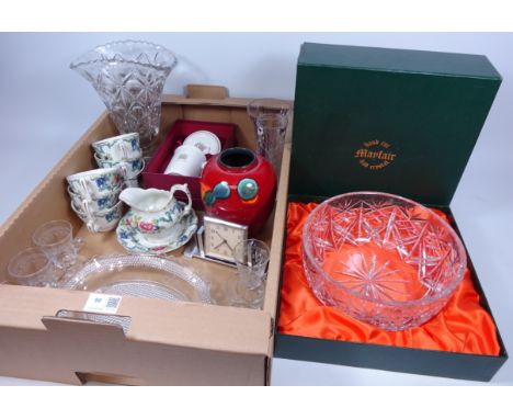 Poole pottery vase, set of six sherry glasses, Mayfair crystal bowl, boxed, Art Deco chrome alarm clock and other glassware a