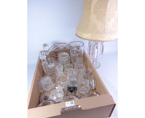 Three Waterford ash trays, crystal candlesticks, Stuart etched glass decanter carafe and tumbler, Waterford small jug, glass 
