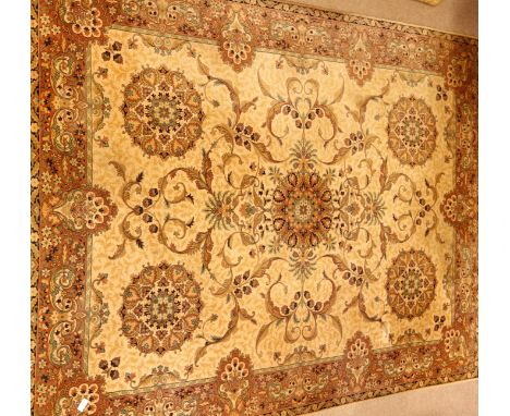 Large rug carpet, decorated with scrolling foliage and flower head motifs, central rosette medallion, 390cm x 300cm   Conditi