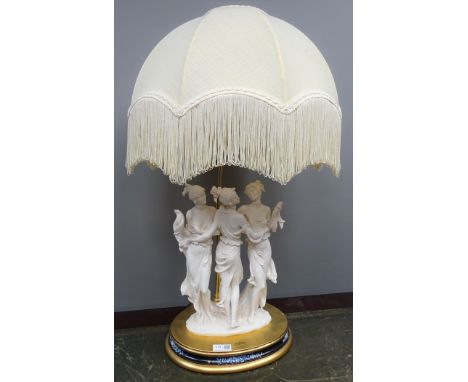 Giuseppe Armani table lamp with classical style figure group on a gilt and hand painted plinth, H74cm overall (This item is P