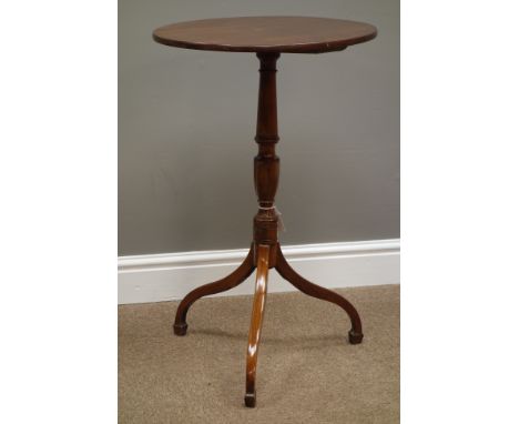 19th century oval mahogany top tripod wine table, on turned cherry wood column with three serpentine splayed legs, 51cm x 40c