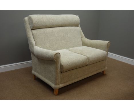 Two seat sofa upholstered in oat meal fabric, W126cm   Condition Report   Click here for further images, condition, auction t