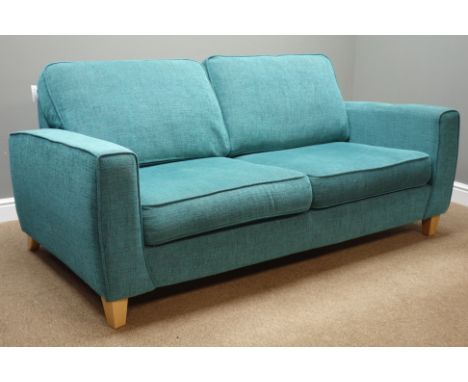 Two seat sofa upholstered in turquoise fabric, W185cm   Condition Report   Click here for further images, condition, auction 