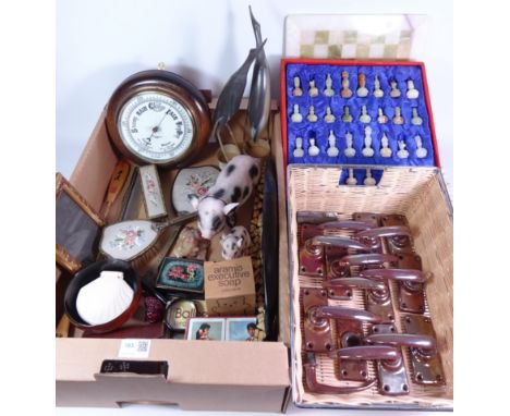 Onyx chest set and board, Early 20th Century barometer, pair of horn birds, collection of vintage copper lustre enamelled doo