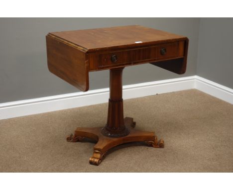 Regency style rosewood drop leaf sofa table, with frieze drawer, on carved column, brass stringing, W69cm, H71cm, D51cm   Con