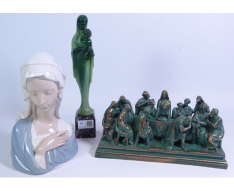 Brass sculpture of the Last Supper, indistinctly signed L27cm, Lladro bust 'Madonna' no.4649 and a Jade type figure of Mary a