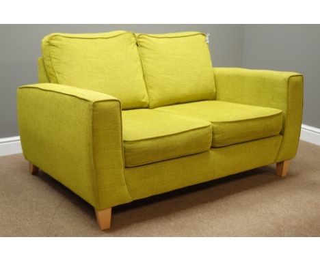 Two seat sofa upholstered in lime green fabric, W140cm   Condition Report   Click here for further images, condition, auction