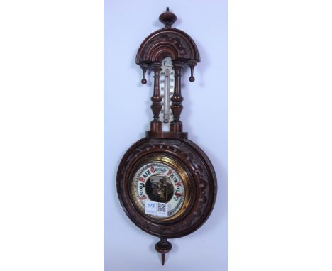 Carved walnut wall barometer with thermometer, H45cm    Condition Report   Click here for further images, condition, auction 