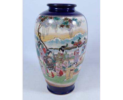 Early 20th Century Japanese Satsuma vase, two hand painted panels decorated with figures, H31cm    Condition Report  Light cr
