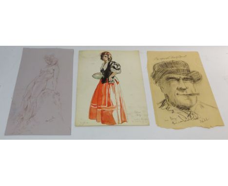 Portrait of a Spanish Gentleman, charcoal drawing signed Nadal, 'Costume Study used in illustration to Old King Cole', waterc