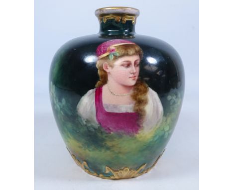 19th/ early 20th Century Royal Bonn Franz Anton Mehlem vase, hand pained with a portrait of a girl, signed K. Apitz, H18cm   