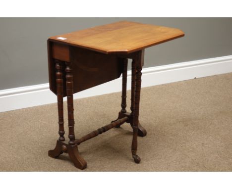 Late Victorian walnut Sutherland, rectangular drop leaf top with canted cornets, turned supports, ceramic castors, W50cm, H55