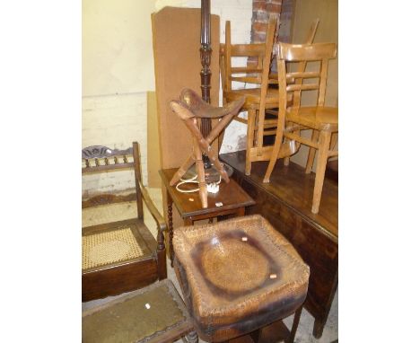 AN OAK BARLEY TWIST OCCASIONAL TABLE, another occasional table, standard lamp, folding stool etc (7)