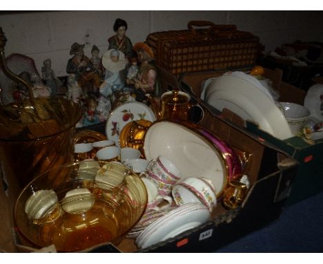 THREE BOXES AND A WICKER BASKET OF CERAMICS, GLASS, etc, to include Worcester