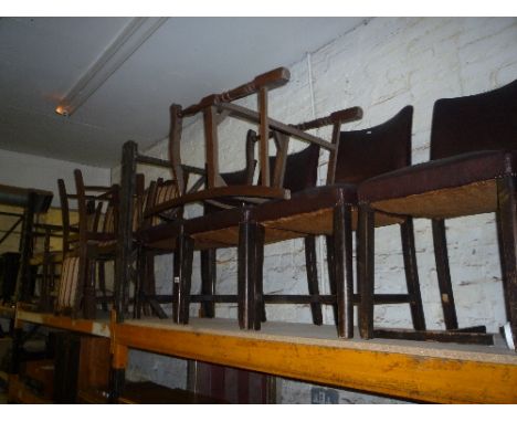A SET OF SIX OAK DINING CHAIRS, four oak chairs, nursing chair and a firescreen (12)