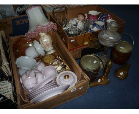 TWO BOXES AND LOOSE CERAMICS, GLASS, OIL LAMP, BRASS SHOT FLASKS, etc