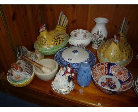 FOUR CERAMIC 'HEN' EGG BASKETS, Caithness glass vase, oriental bowl etc