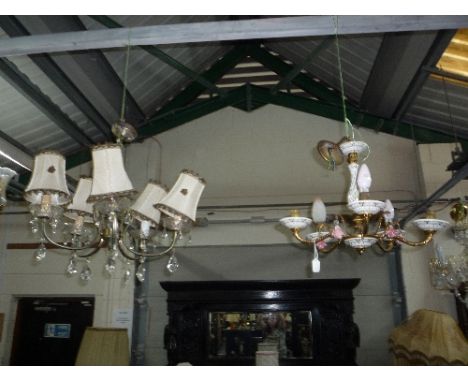 A BRASS AND CERAMIC FIVE BRANCH CEILING LIGHT, and another five branch ceiling light (2)