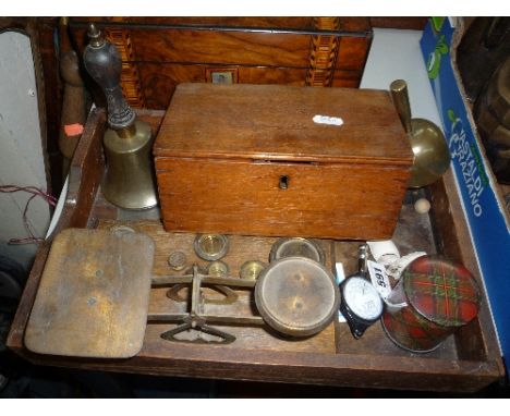 A TRAY OF COLLECTABLES, to include Medlock wooden cylindrical rolled tape casket with McDuff tartan, postal scales etc