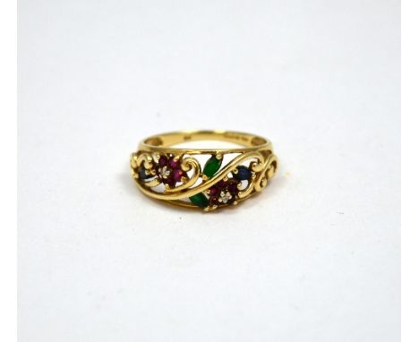 A 9CT GOLD RING, with sapphire, ruby and emeralds within a scrolling floral design, hallmarks for Birmingham, ring size U