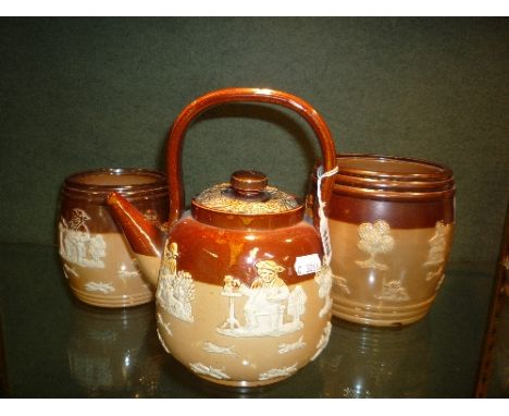 A DOULTON LAMBETH TEA KETTLE, with hunting ware design and two biscuit barrel/tobacco jars, with similar designs (missing lid