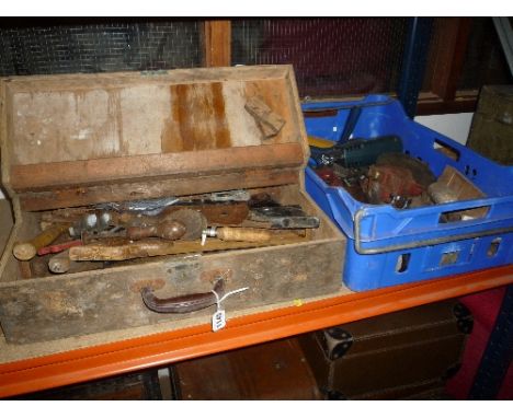 A WOODEN CRATE, and a plastic box containing various hand tools