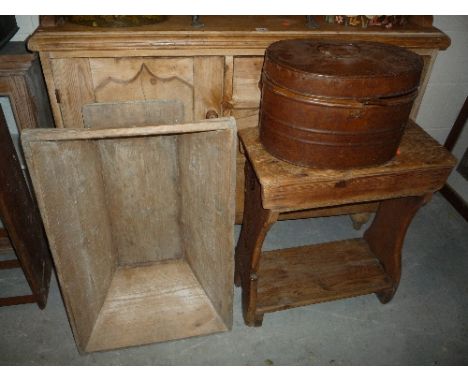 A SMALL PINE DOUGH TROUGH, stool and a set of three tier hanging shelves (3)