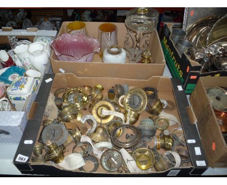 VARIOUS MICELLANEOUS OIL LAMP PARTS, to include shades (two boxes)