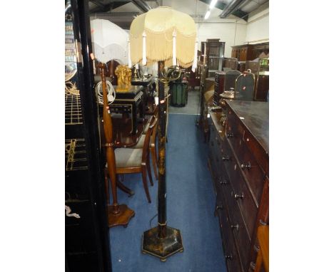 AN ORIENTAL STYLE BLACK LAQUERED AND DECORATED STANDARD LAMP, with shade