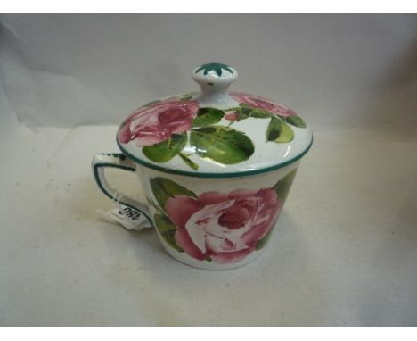 A WEMYSS 'CABBAGE ROSE' CHOCOLATE CUP/COVER, T. Goode & Co backstamp (restorations)