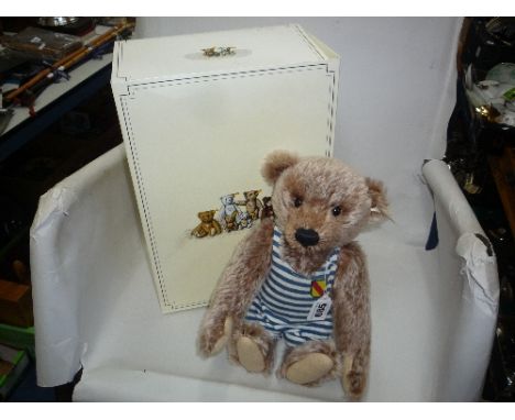 A BOXED STEIFF BADEN BADEN BEAR, 25cm, Mohair Bear replica of a 1908 bear, wears a striped bathing suit bearing the old coat 