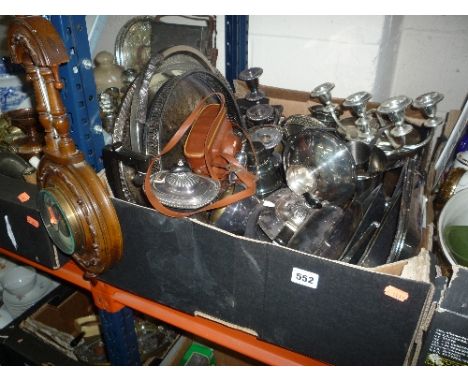 A BOX OF PLATED WARES, BAROMETER, CAMERA, etc