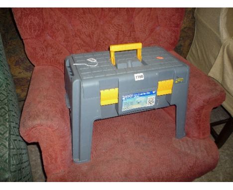 A PLASTIC TOOLBOX, containing various tools and a metal tool box containing two electrical hand tools