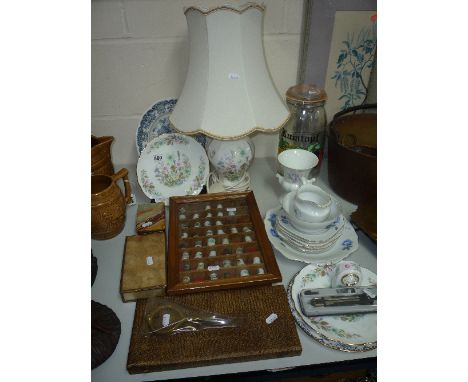 VARIOUS CERAMICS, CASED SPOONS, DRAWING SET, etc, to include Aynsley lamp, Rumtopt jar etc