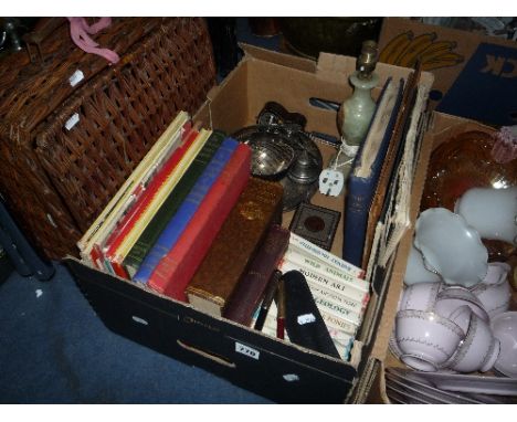 A BOX OF SUNDRIES, to include books, pens (x2), onyx lamp, bakelite box etc
