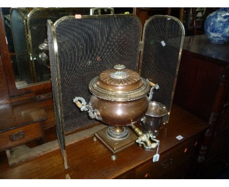 A COPPER SAMOVAR, firescreen and a silver plated vase (3)